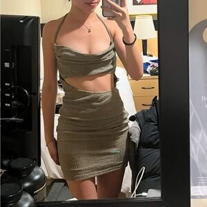 Cowl Neck Halter Cutout Dress in Olive Green